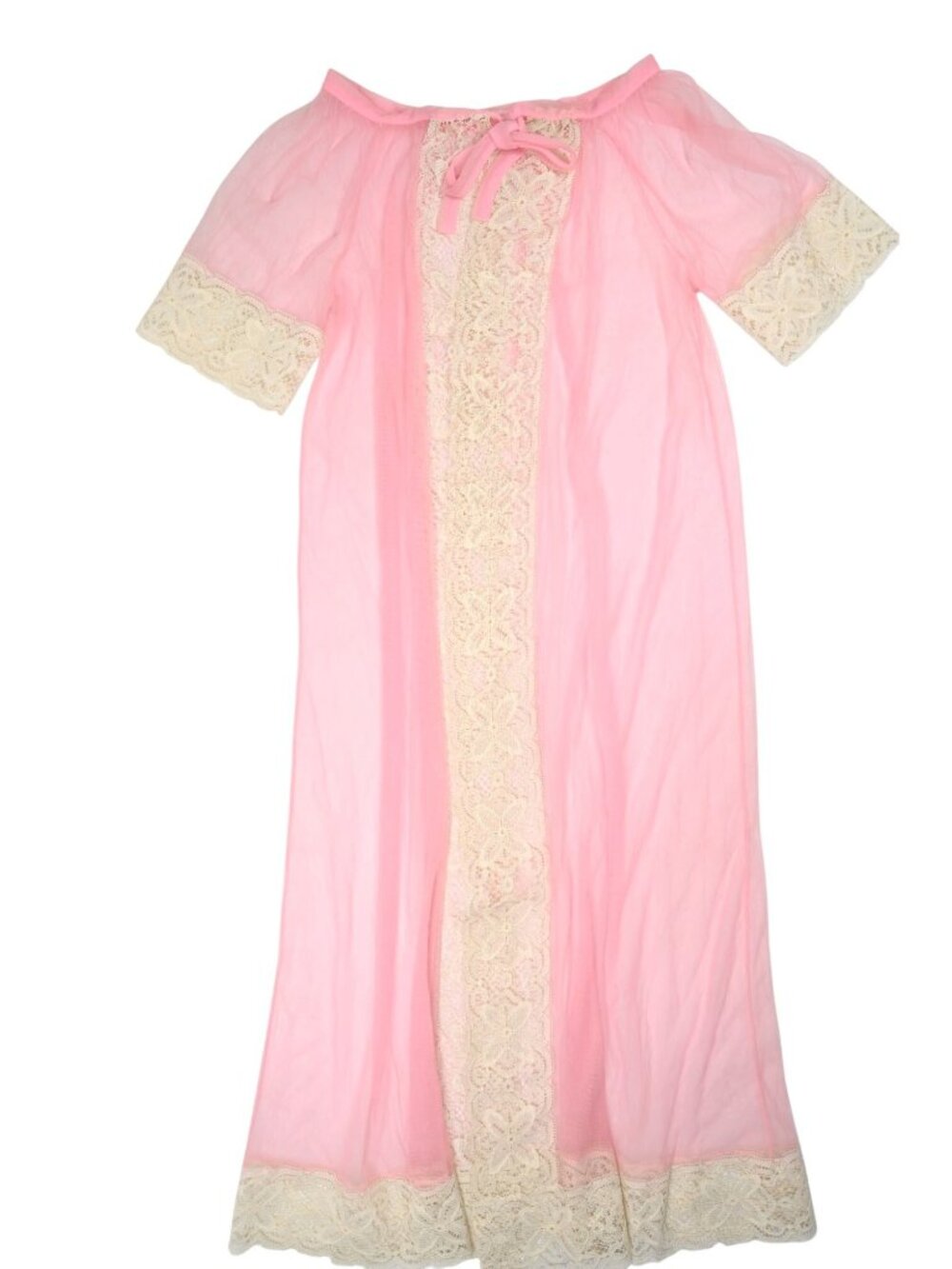 Vintage c. 1970 Sheer Nylon/Lace Peignoir Robe in Bubblegum Pink
